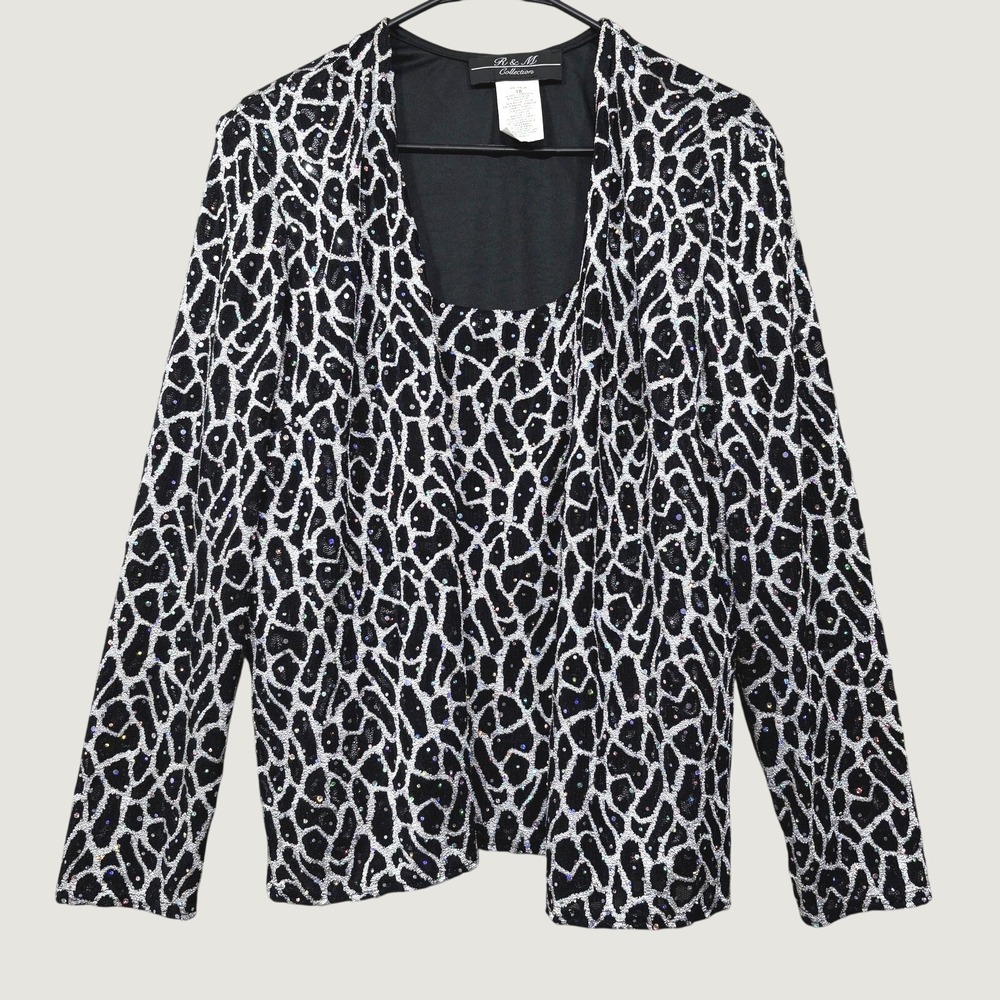 R&M Collection Jacket Womens 18 Black White Animal Print Rhinestone‎ NWT